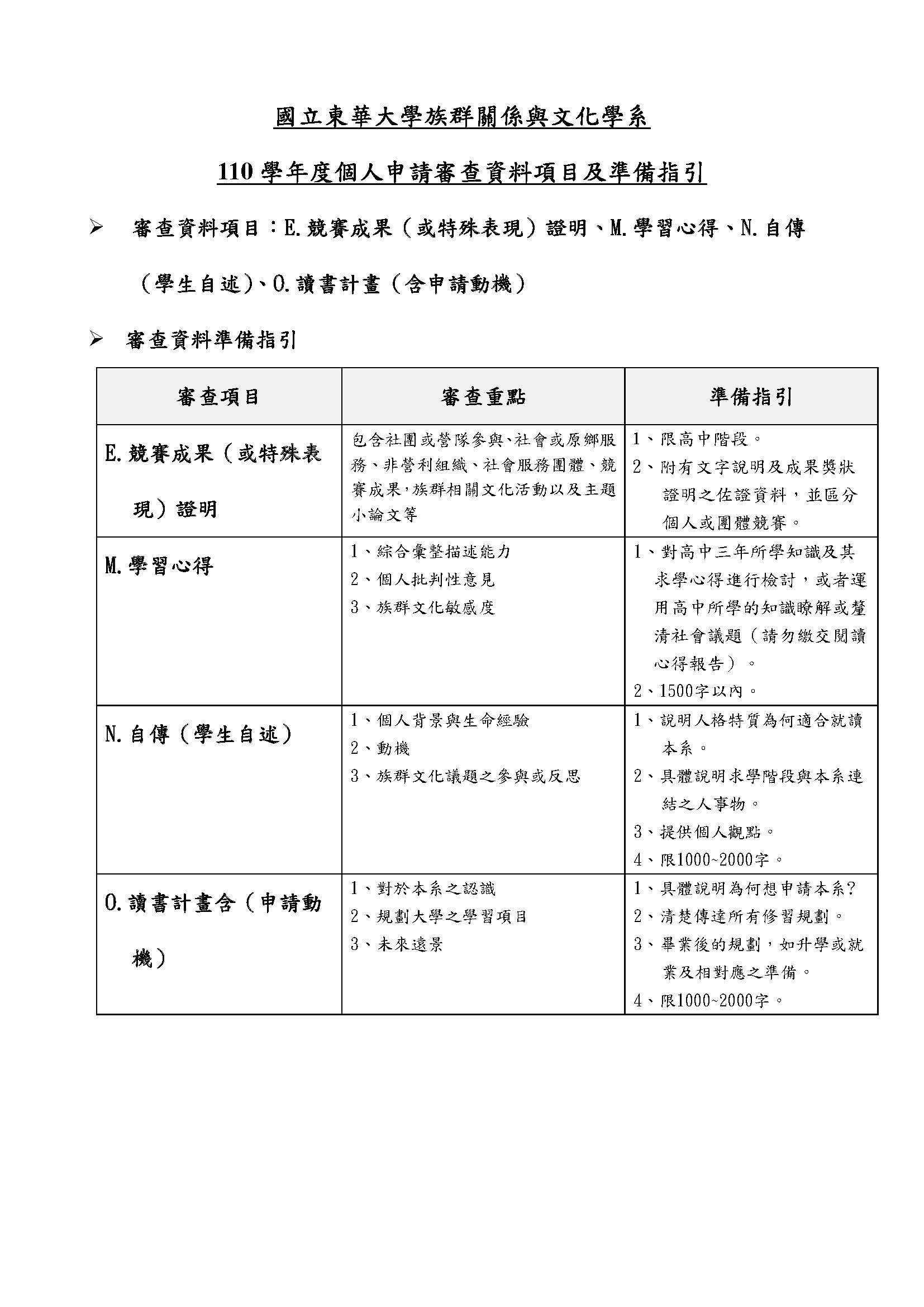 110學年度個人申請審查資料項目及準備指引